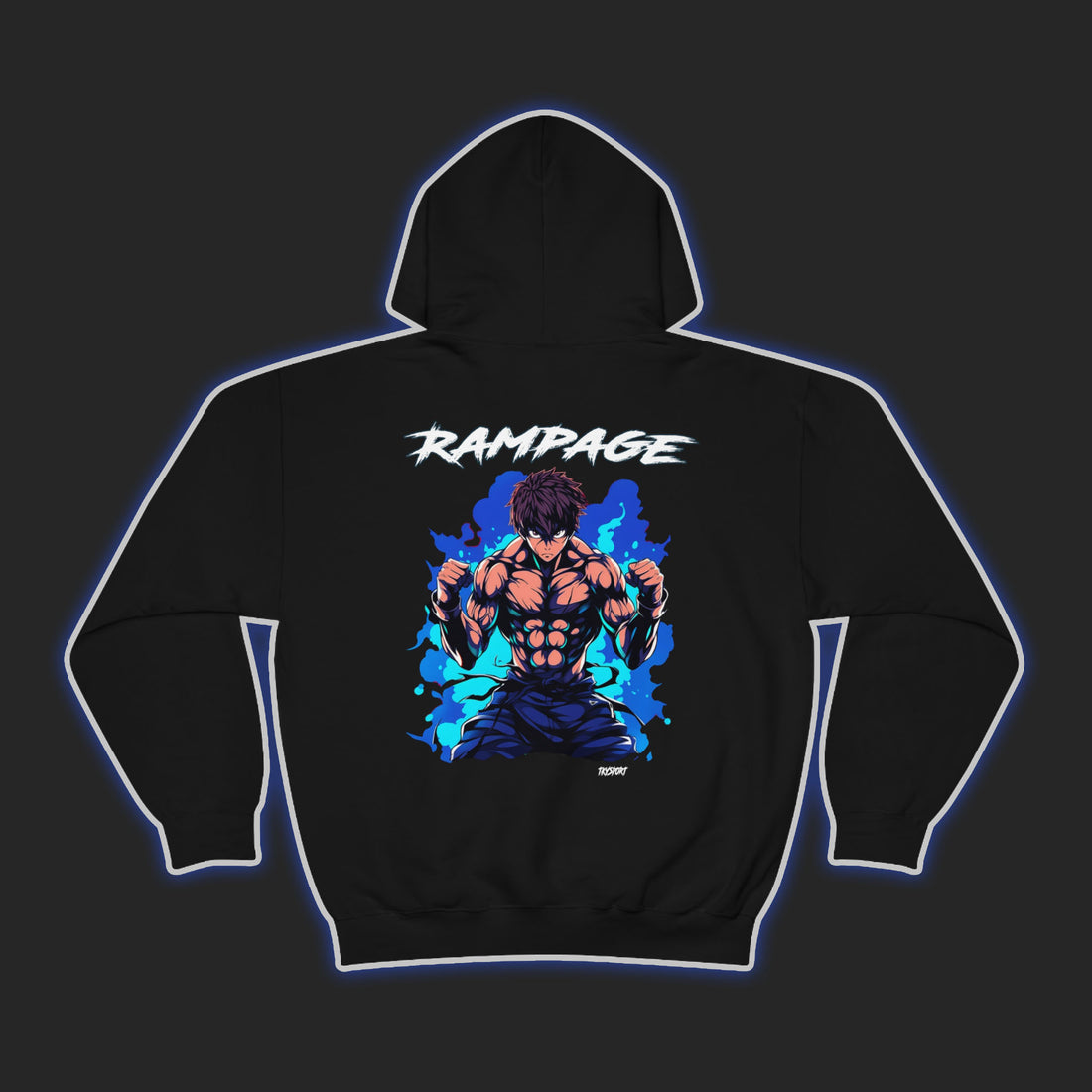 TKYSPORT Anime Hoodie Design of Baki posing with a fighting stance. The word &quot;Rampage&quot; is written across the top.