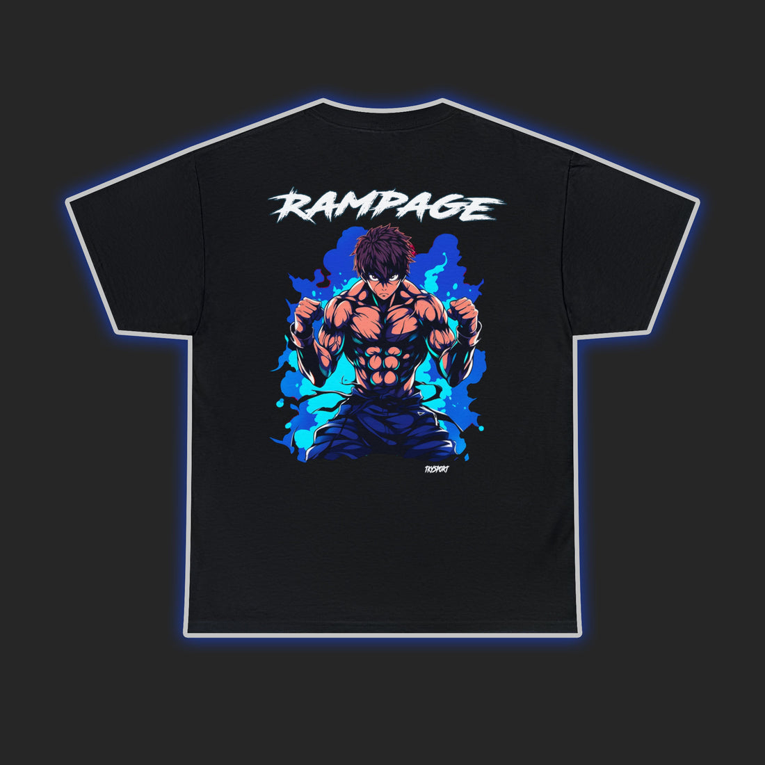 TKYSPORT Anime T-shirt Design of Baki posing with a fighting stance. The word &quot;Rampage&quot; is written across the top.