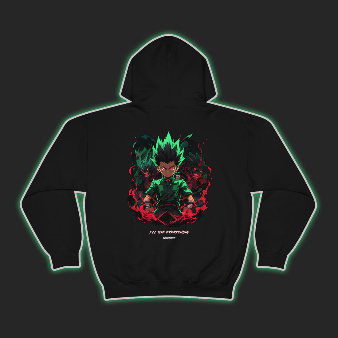 TKYSPORT Anime Hoodie Design of Gon Freecss enraged, with flames coming out of his fists. The words &