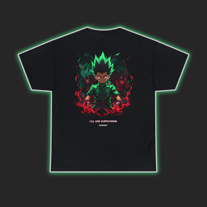 TKYSPORT Anime T-shirt Design of Gon Freecss enraged, with flames coming out of his fists. The words &