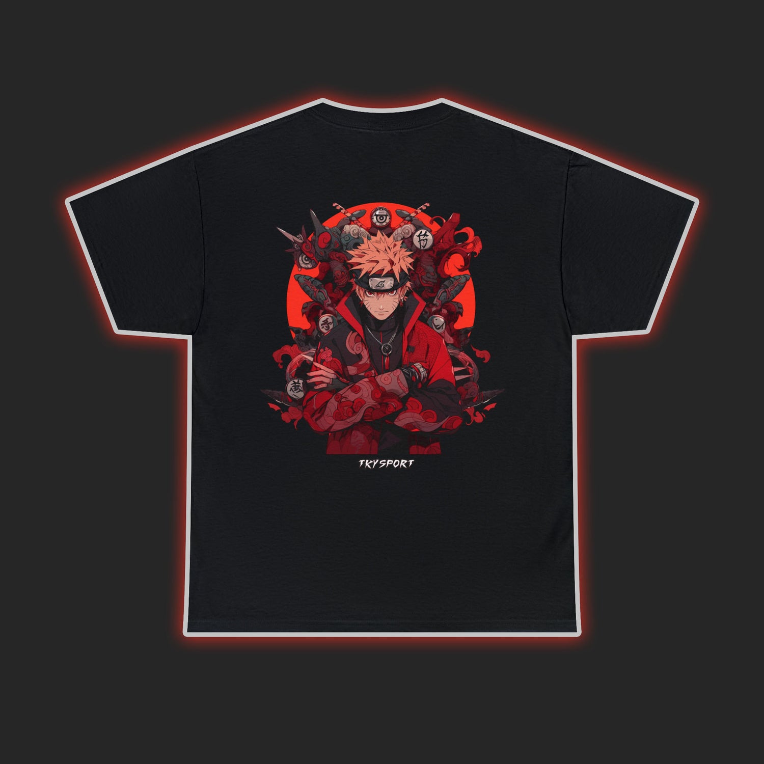 TKYSPORT Anime T-Shirt design of Naruto with his arms crossed, dark and red themed.