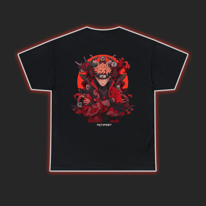 TKYSPORT Anime T-Shirt design of Naruto with his arms crossed, dark and red themed.