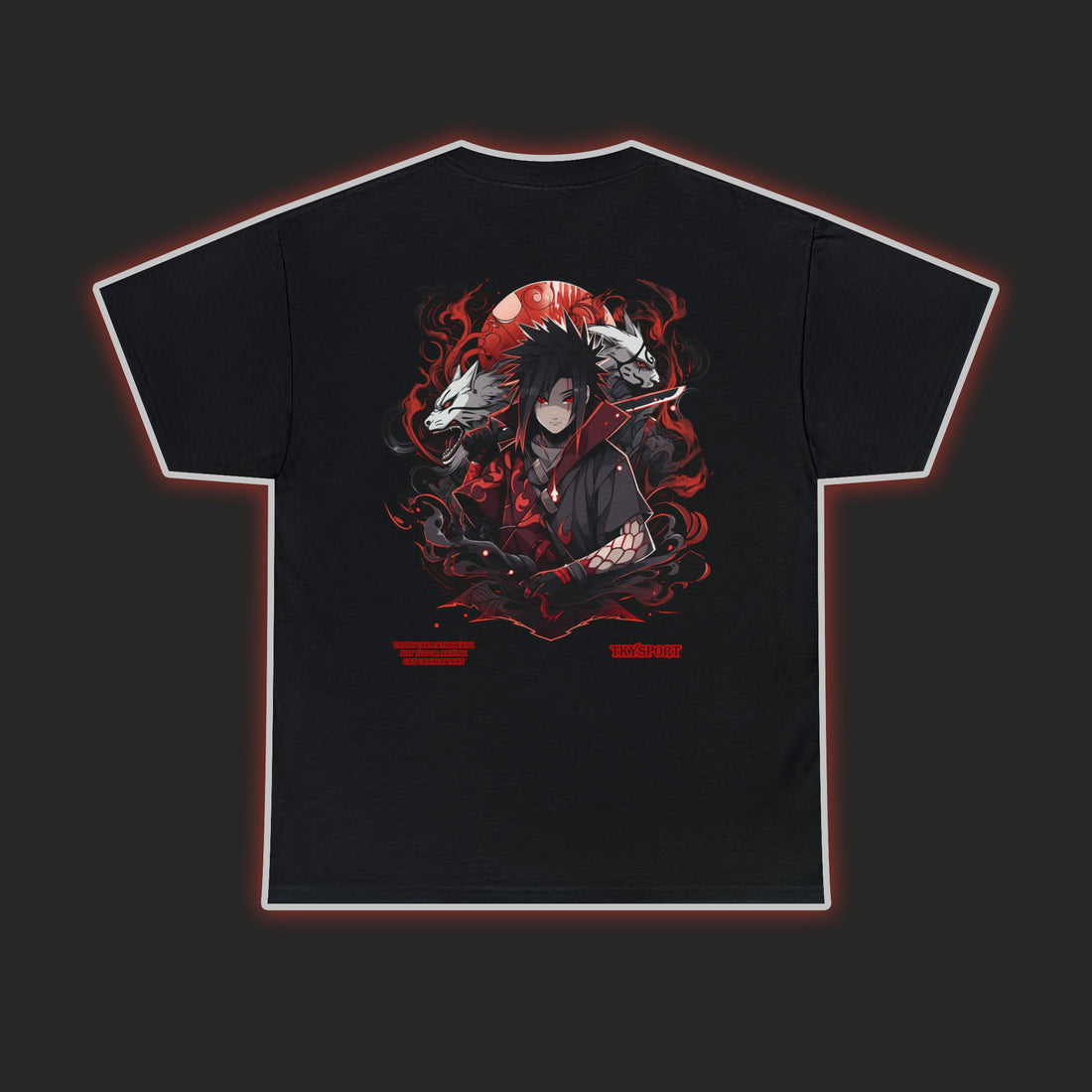 TKYSPORT Anime T-shirt design of Sasuke Uchiha posing with two wolves, dark and red themed. Naruto Graphic Art.